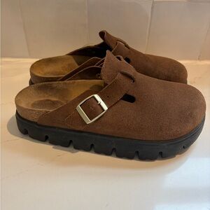Birkenstocks | Brown Suede Buckle Clog Mules
